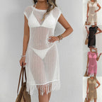 Damen luftiger Netzstrandkleid mit Fransen R&B