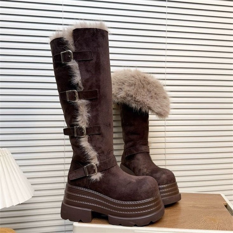 Damen Fleecegefütterte Winterstiefel mit modischen Schnallen und platform Sohle R&B