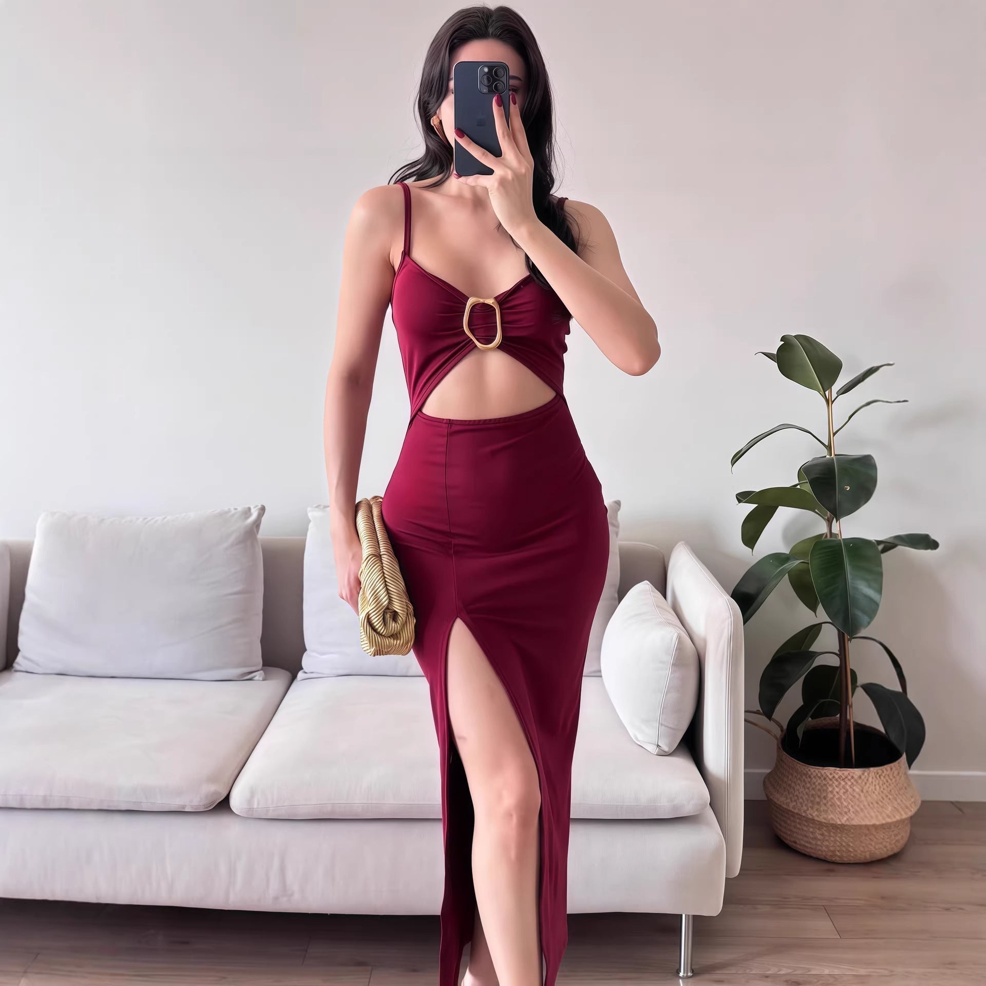 Damen Figurbetontes Maxikleid mit Cut-Outs und elegantem Gürtel R&B