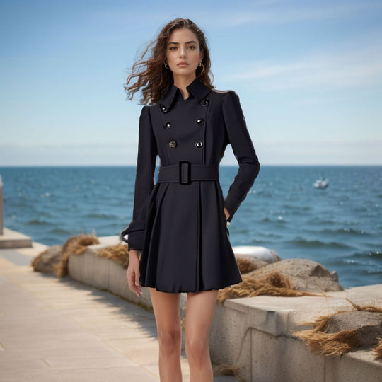 Damen eleganter Trenchcoat mit tailliertem Schnitt und dekorativen Knöpfen R&B