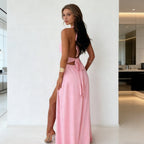Damen Maxikleid mit tiefem V-Ausschnitt und hohem Schlitz R&B