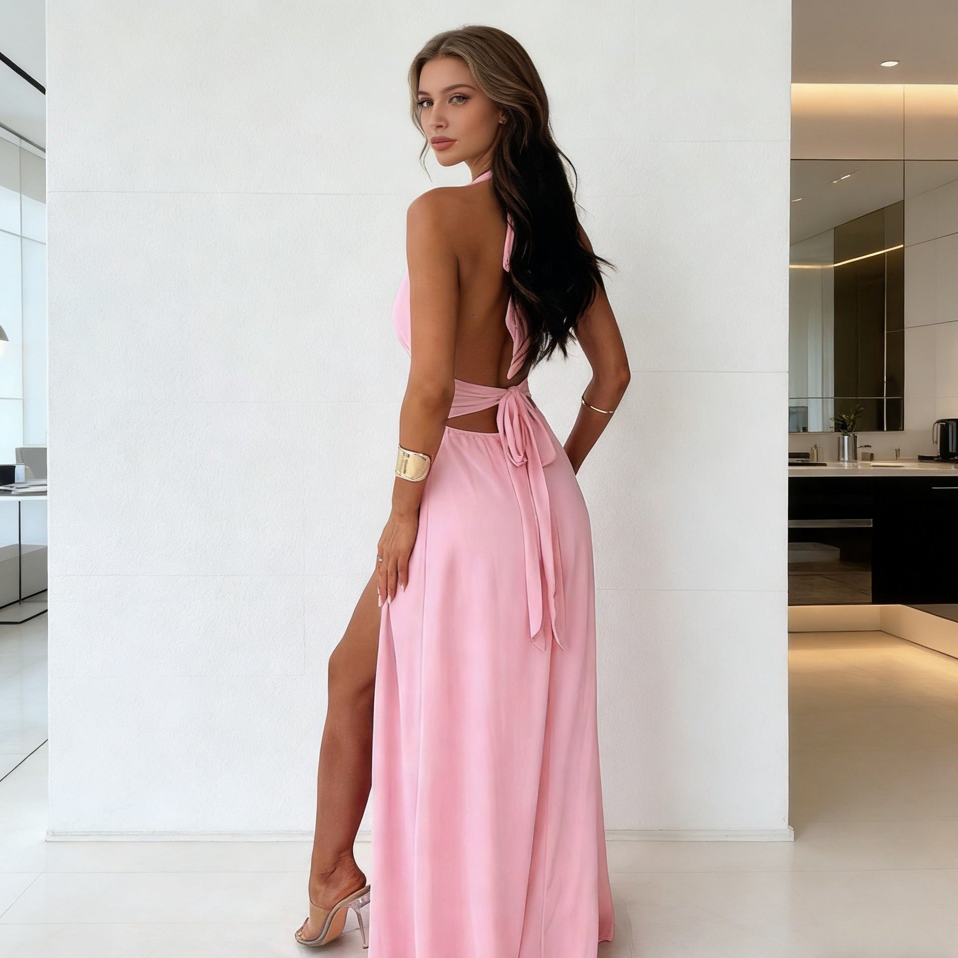 Damen Maxikleid mit tiefem V-Ausschnitt und hohem Schlitz R&B