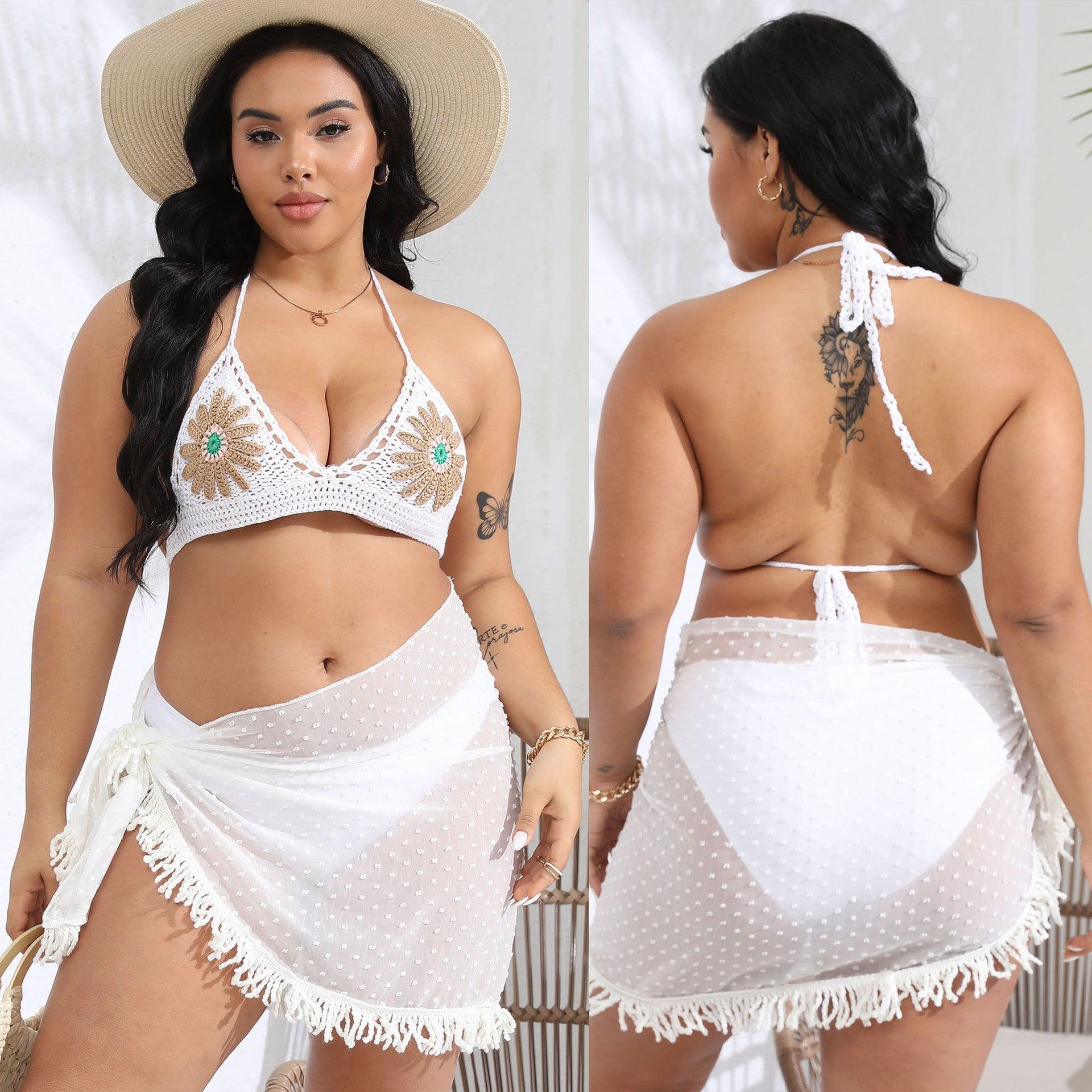 Damen gehäkelter Bikini-Oberteil mit floralen Applikationen R&B