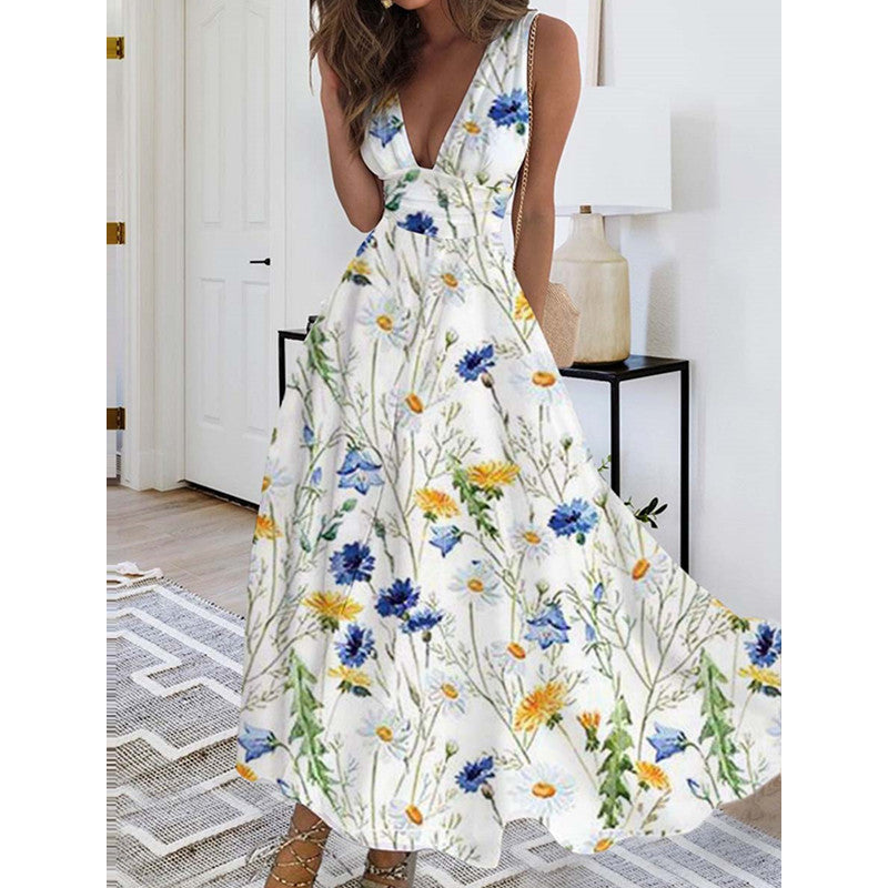 Damen Maxikleid mit tiefem V-Ausschnitt und floralem Wasserfarben-Muster R&B