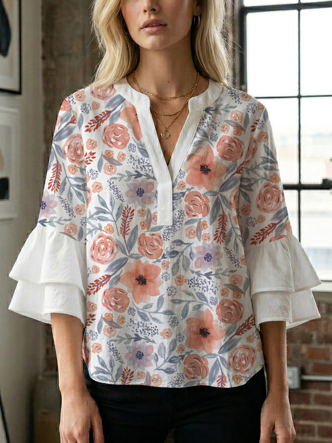 Damen Bluse mit voluminösen Ärmeln und floralem Design R&B