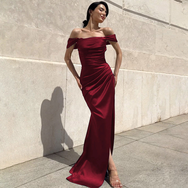 Damen Elegantes Maxikleid mit Off-Shoulder Schnitt und Raffungen R&B