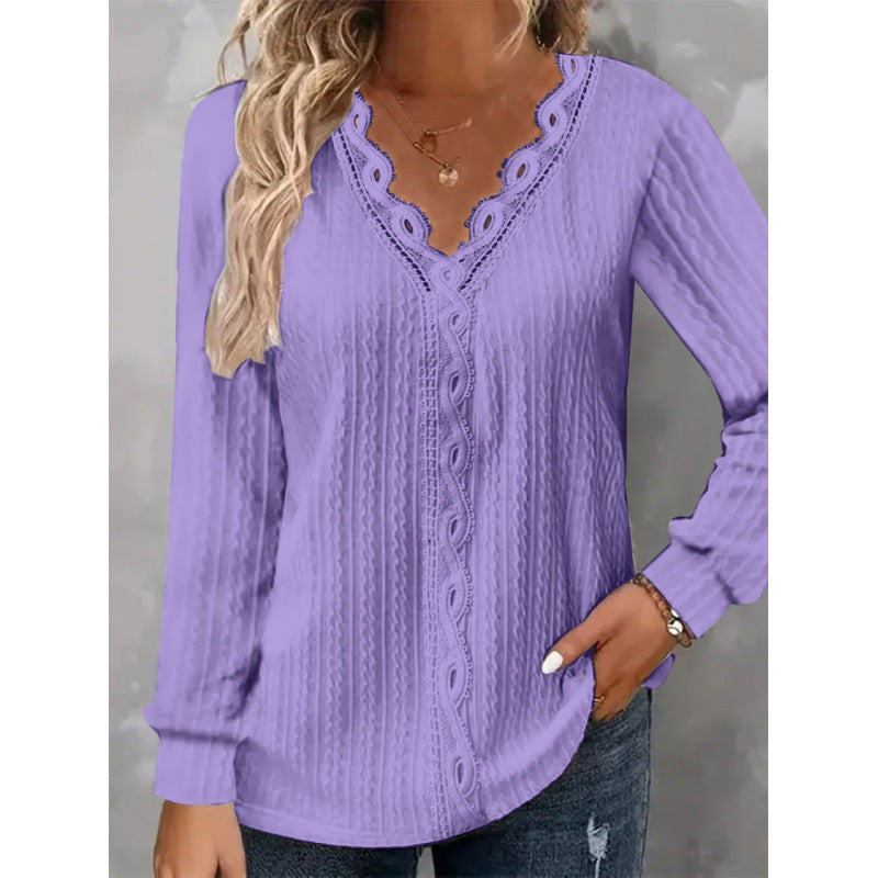 Damen Langarm Bluse mit eleganten Spitzenakzenten und strukturiertem Design R&B
