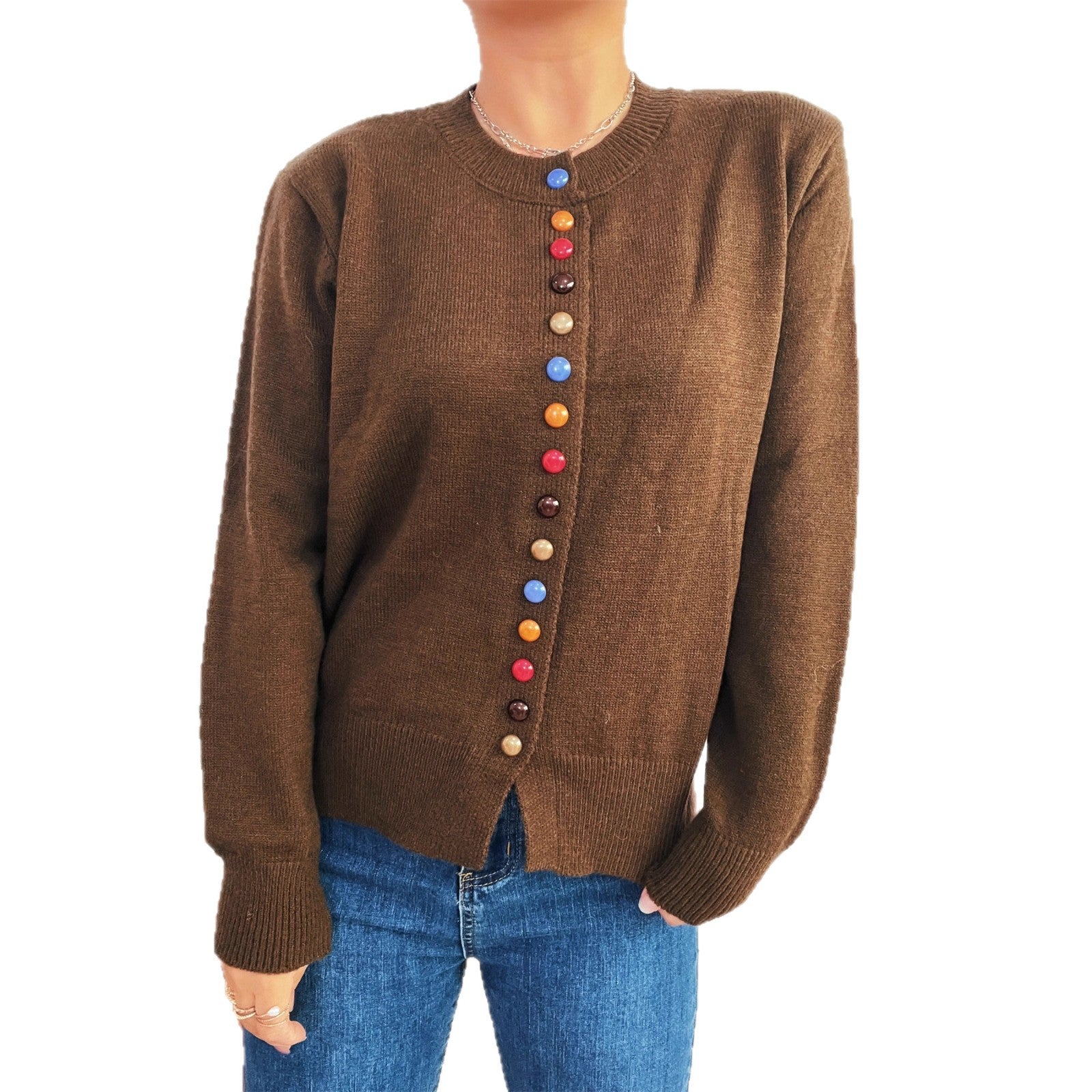 Damen stilvolle Strickjacke mit bunten Knöpfen R&B