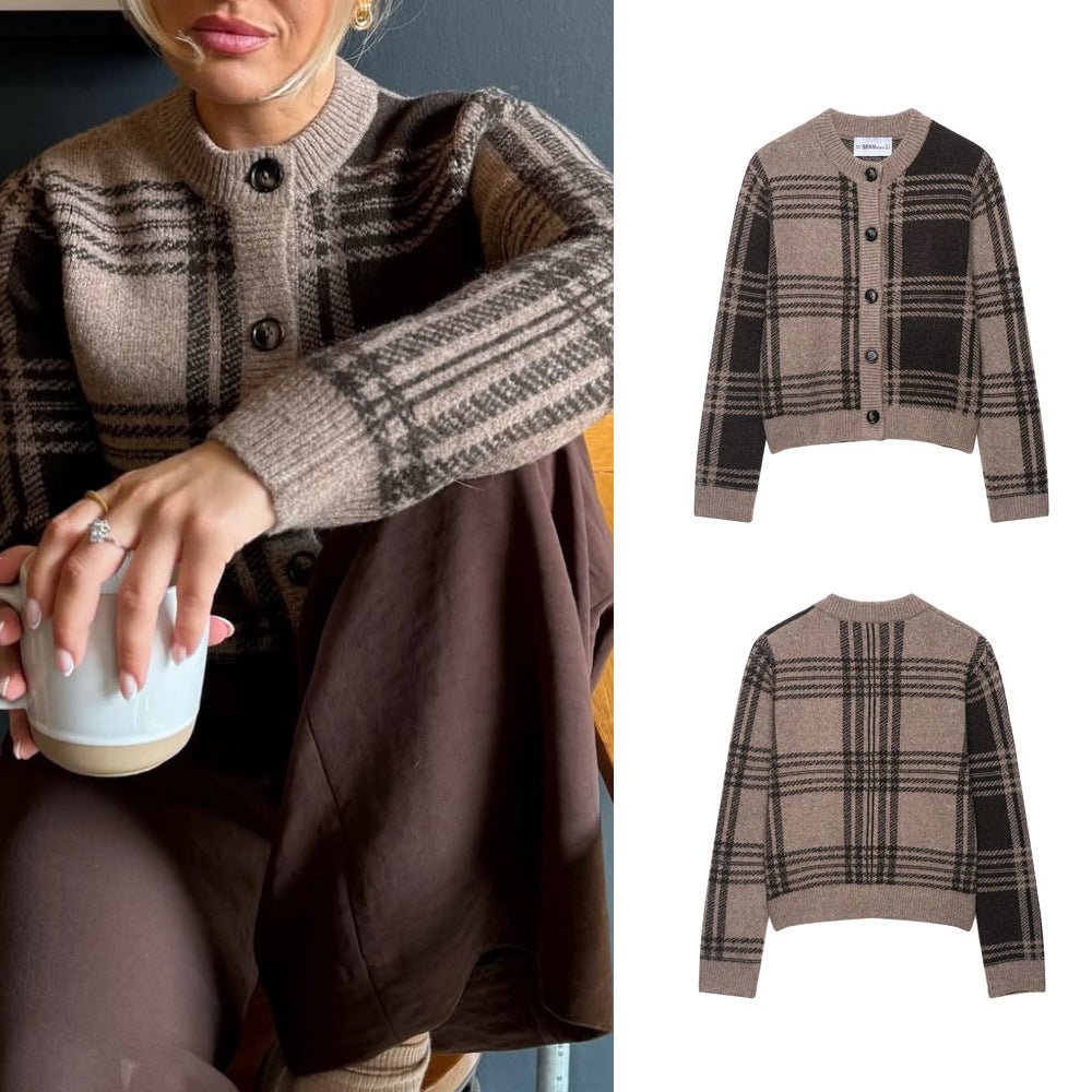 Damen lässige Karostrickjacke mit Knopfverschluss R&B