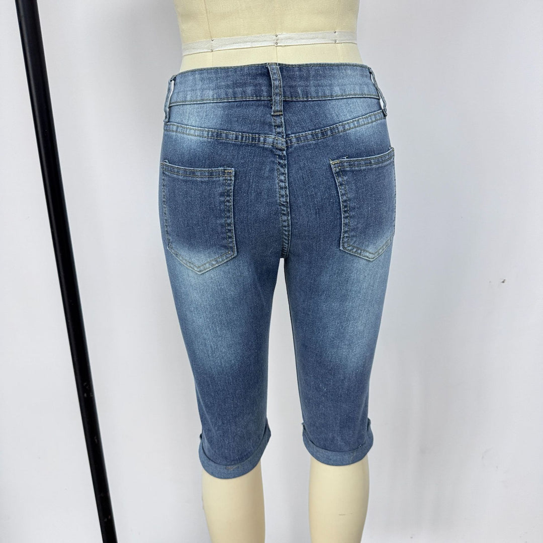 Damen Modische Destroyed Denim-Shorts mit Hohem Bund und Aufgerissenen Details R&B