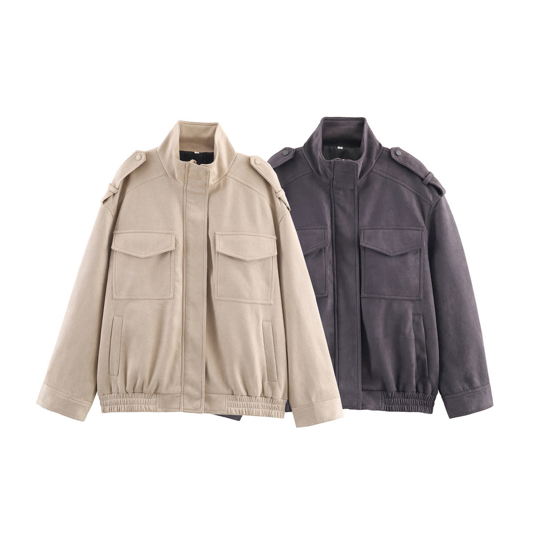 Damen modische Utility-Jacke mit hohem Kragen und praktischen Taschen R&B