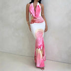 Damen Maxikleid mit tiefem V-Ausschnitt und floralem Drapierungsdesign R&B