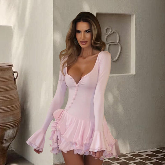 Damen Verspieltes Mini-Kleid mit Rüschen und tiefem V-Ausschnitt R&B