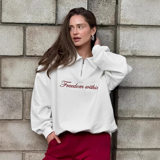 Damen Oversized Fleece-Hemd mit Reißverschluss und elegantem Schriftzug R&B