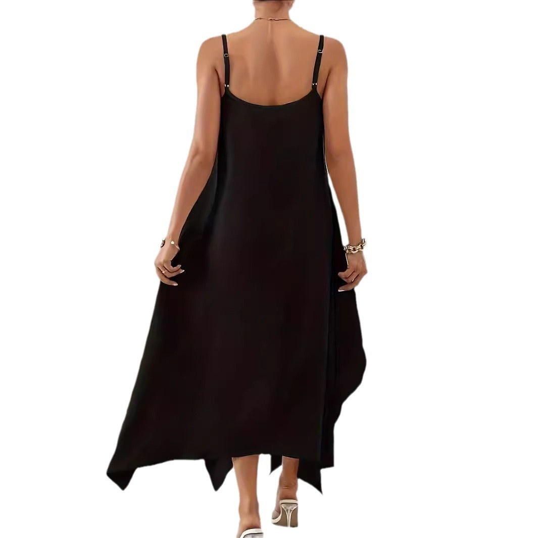 Damen luftiges Maxikleid mit asymmetrischem Saum und feinen Spaghettiträgern R&B