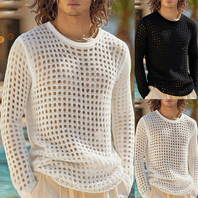 Herren nan luftiger durchbrochener Strickpullover mit quadratischem Netzmuster und Rundhalsausschnitt R&B