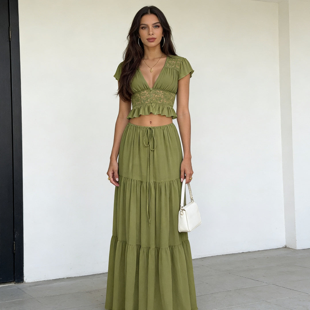 Damen Lässiges Maxi-Kleid mit eleganter Raffung und cropped Top R&B