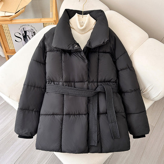 Damen modische wattierte Jacke mit Gürtel und hochschließendem Kragen R&B
