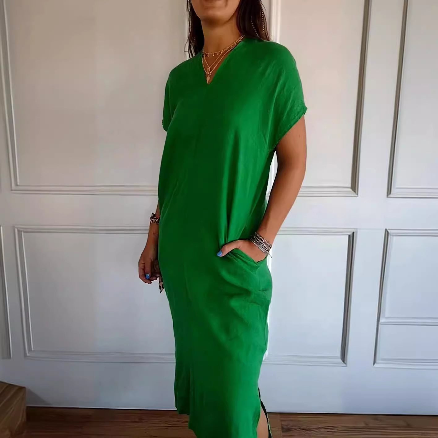 Damen Viskose-Leinen Kleid mit tiefem V-Ausschnitt und praktischen Taschen R&B