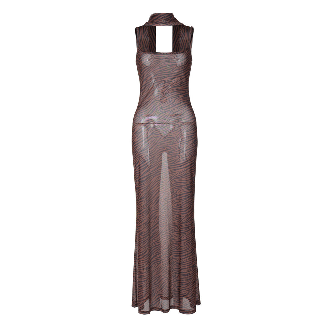 Damen Transparente Maxikleid mit tierischem Muster und verstellbaren Trägern R&B