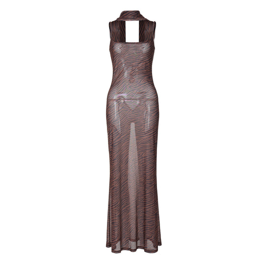 Damen Transparente Maxikleid mit tierischem Muster und verstellbaren Trägern R&B