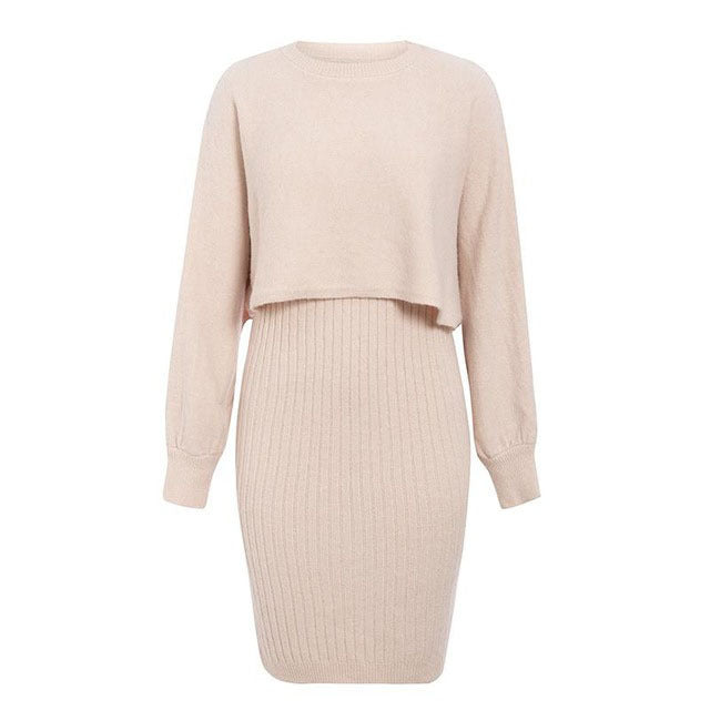 Damen gestricktes Midi-Kleid mit lässigem Cropped-Pullover-Oberteil und Rippenstruktur R&B