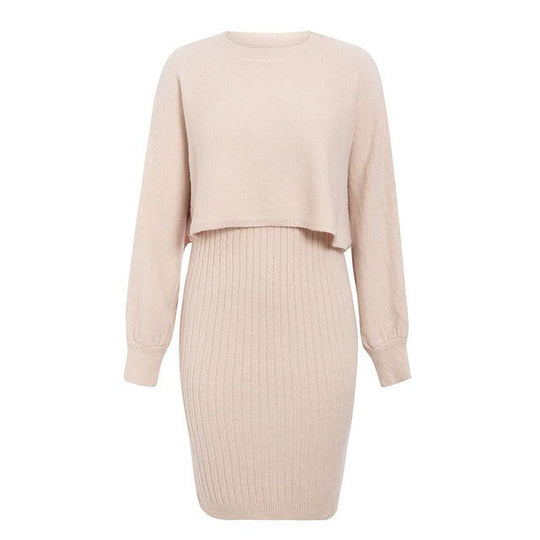 Damen gestricktes Midi-Kleid mit lässigem Cropped-Pullover-Oberteil und Rippenstruktur R&B