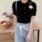 Damen cropped Pullover mit zarten Perlen