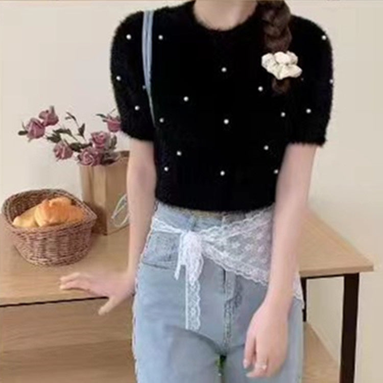 Damen cropped Pullover mit zarten Perlen