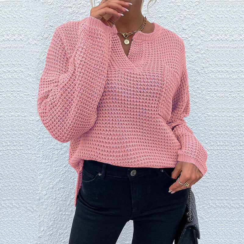 Damen lässiger Strickpullover mit V-Ausschnitt und strukturierter Oberfläche R&B
