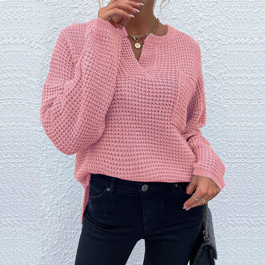 Damen lässiger Strickpullover mit V-Ausschnitt und strukturierter Oberfläche R&B