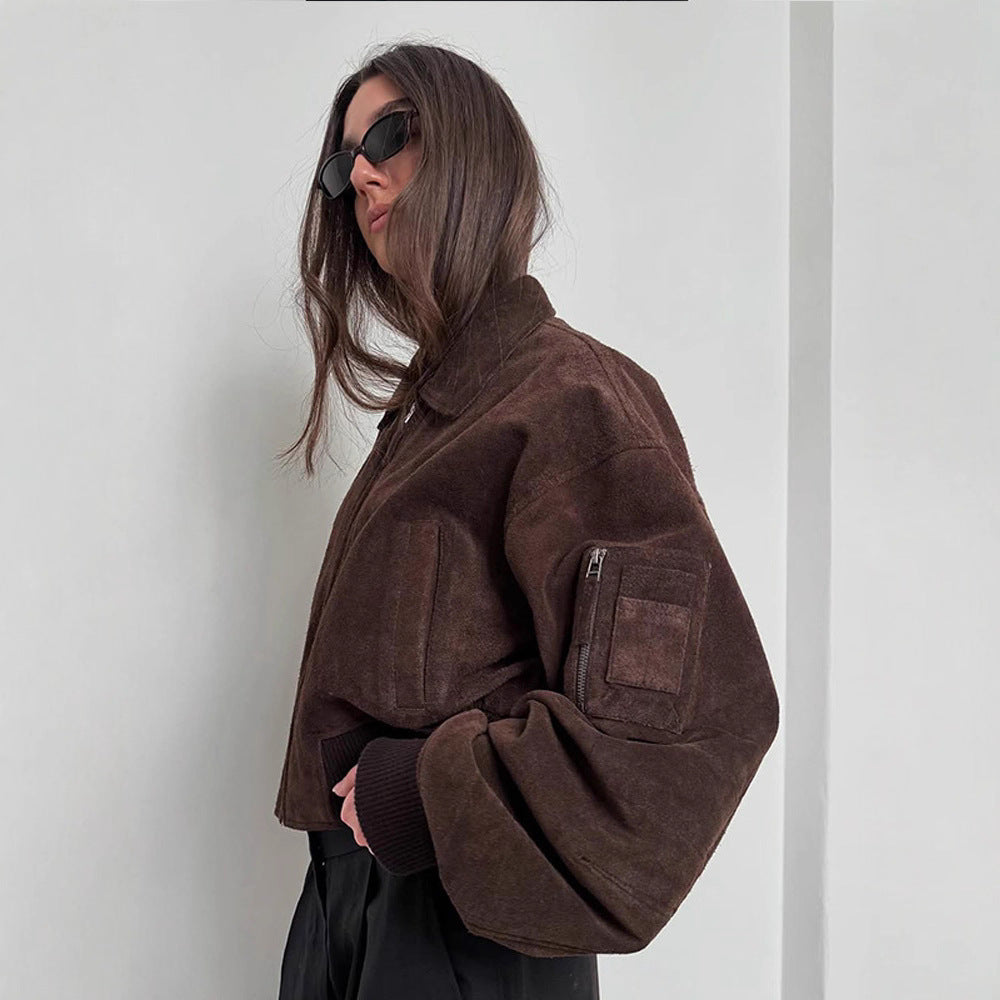 Damen Oversized Wildlederjacke mit gepolsterten Ärmeln R&B