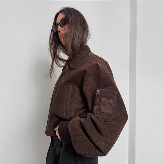 Damen Oversized Wildlederjacke mit gepolsterten Ärmeln R&B