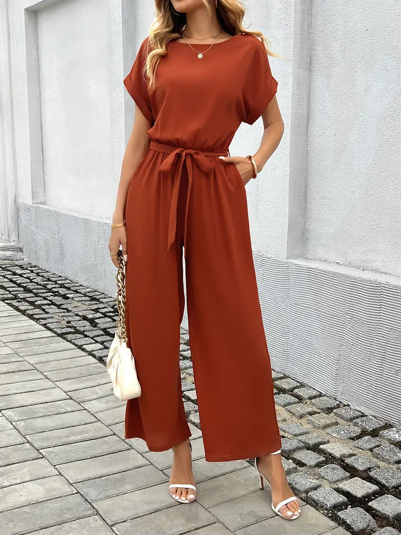 Damen Eleganter Jumpsuit mit weitem Bein und Taillenknoten R&B