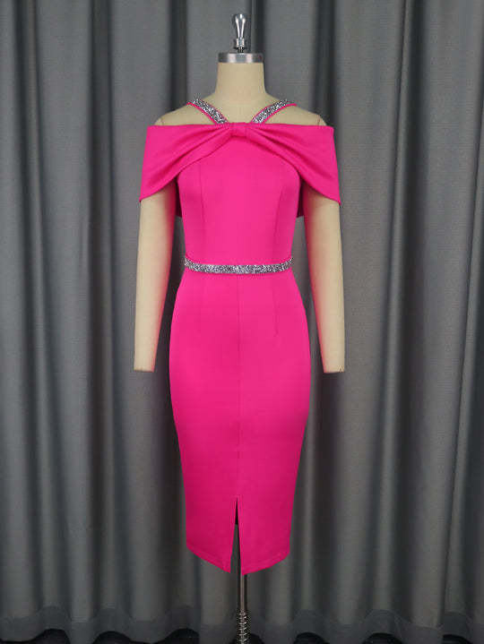 Damen elegantes schulterfreies Midi-Kleid mit funkelndem Taillengürtel R&B