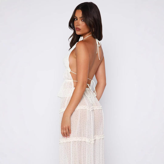 Damen Langärmliges Maxikleid mit elegantem Rüschen-Design und transparentem Stoff R&B
