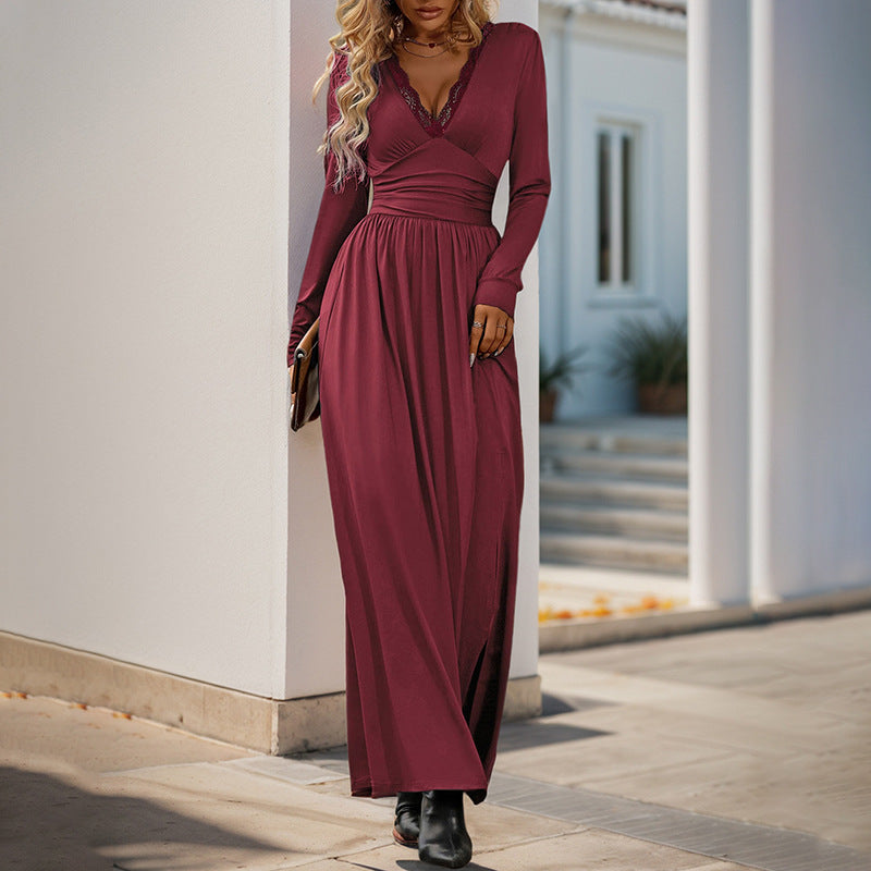 Damen Maxikleid mit tiefem V-Ausschnitt und eleganter Raffung R&B