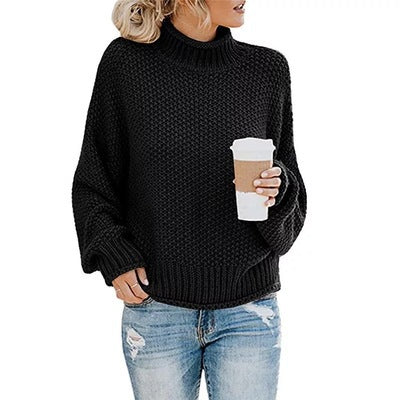 Damen Grobstrick Pullover mit Stehkragen und voluminösen Ärmeln R&B