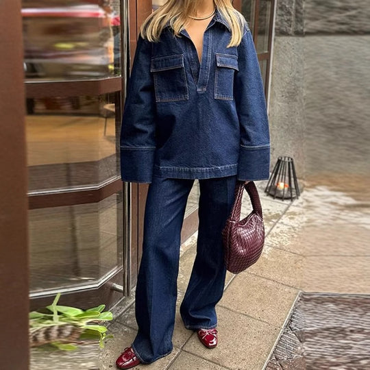 Damen Weite Denim-Hose mit hohem Bund und strukturiertem Schnitt R&B