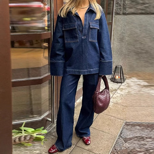 Damen Weite Denim-Hose mit hohem Bund und strukturiertem Schnitt R&B