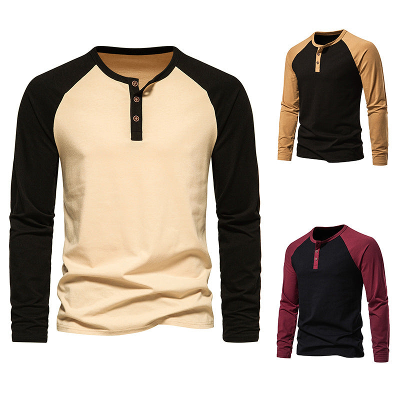 Herren Langarm-Henley-Shirt mit kontrastierenden Ärmel und modischem Knopfdesign