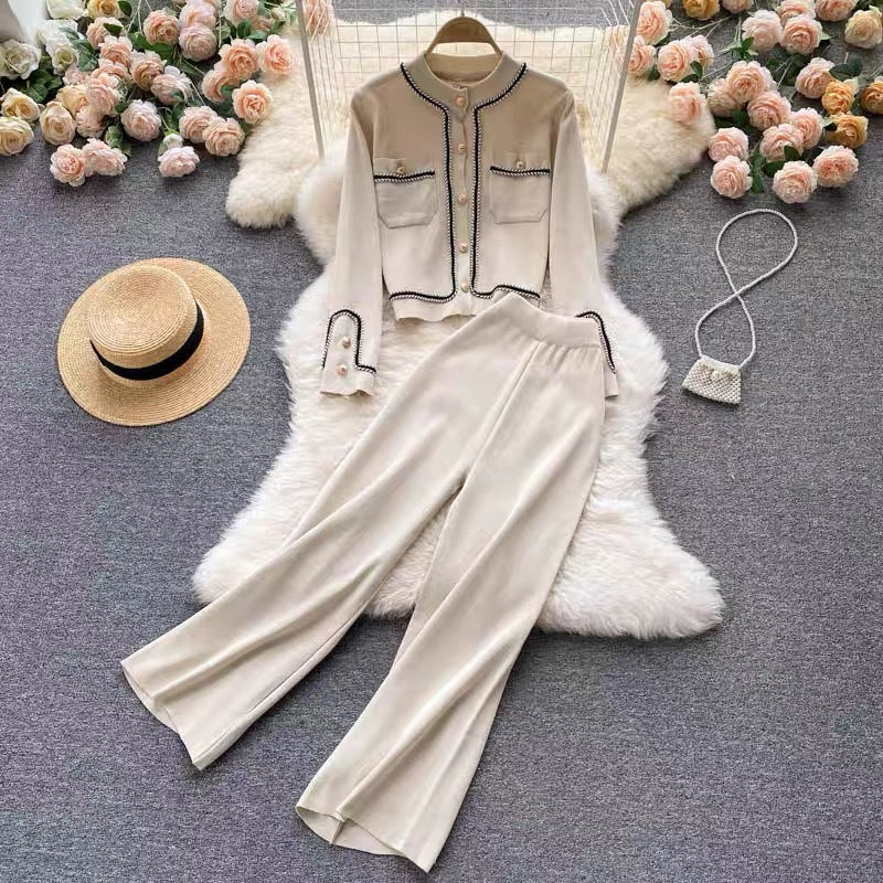 Damen elegantes Strick-Loungewear-Set mit feinen Knopfdetails und weitem Bein R&B