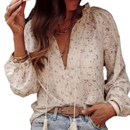 Damen Bluse mit feinen Spitzendetails und floralen Mustern R&B