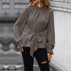 Damen elegante Bluse mit raffiniertem Bindegürtel und langen Ärmeln R&B