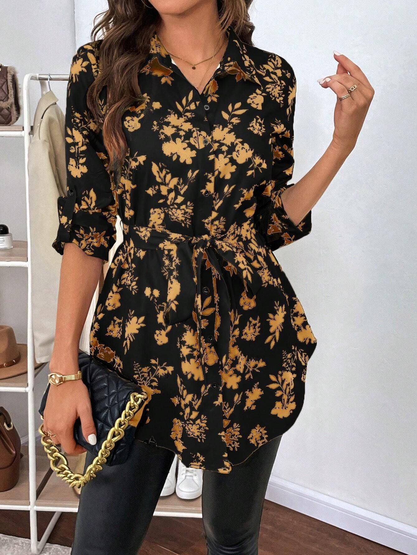 Damen lässige Bluse mit floralem Muster und Taillenknoten R&B