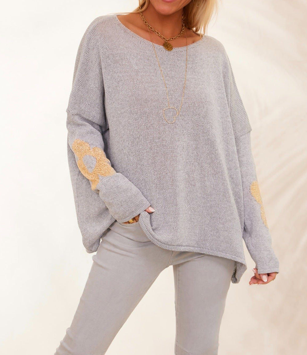 Damen grob gestrickter Pullover mit floralem Design und weitem Schnitt R&B