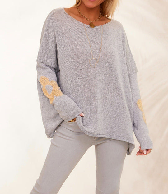 Damen grob gestrickter Pullover mit floralem Design und weitem Schnitt R&B
