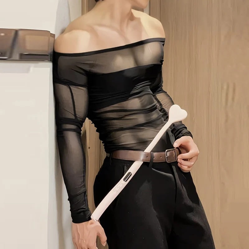 Damen nan transparentes Netz-Langarm-Oberteil mit blickdichtem Brustband und weitem Rundhalsausschnitt R&B