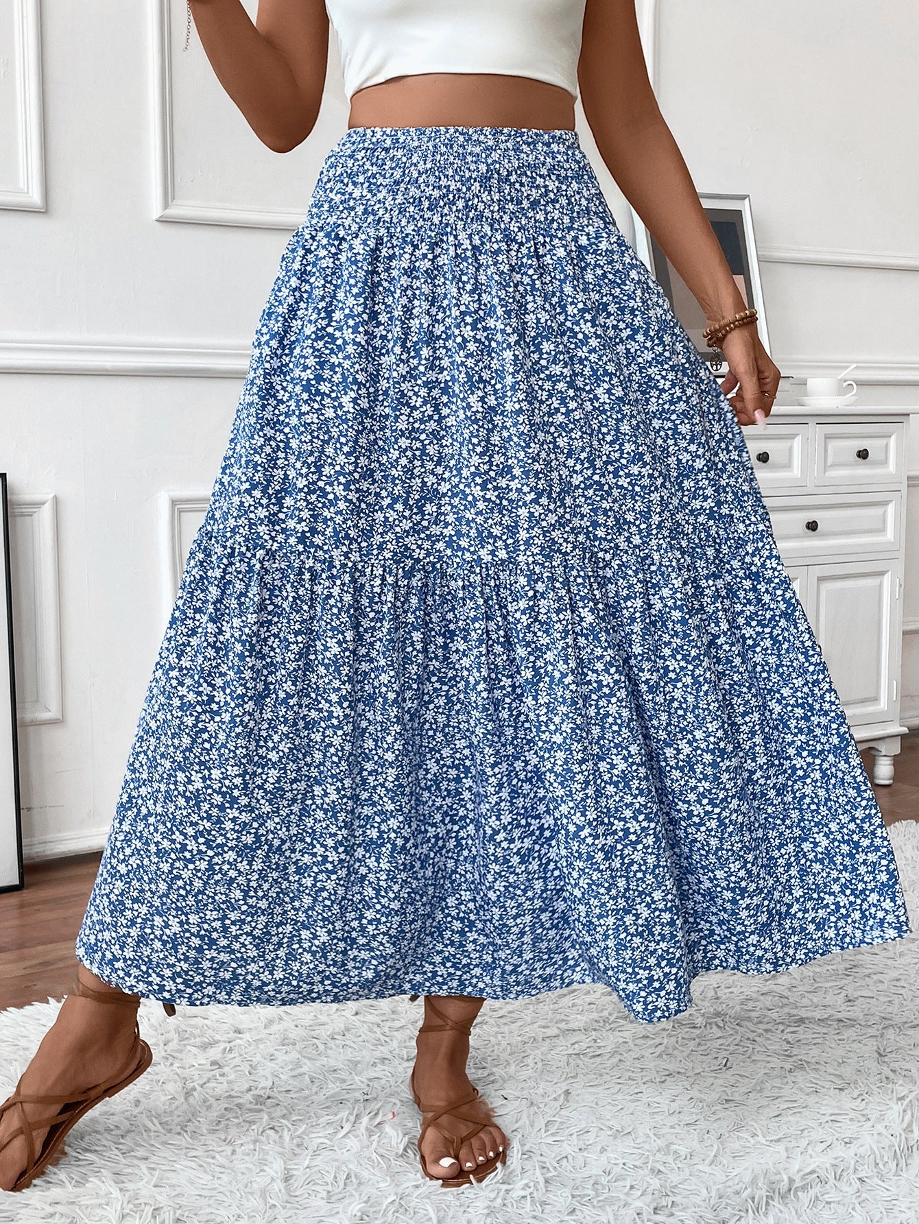 Damen Langer Rock mit floralem Print und elastischem Bund Heidi Mode
