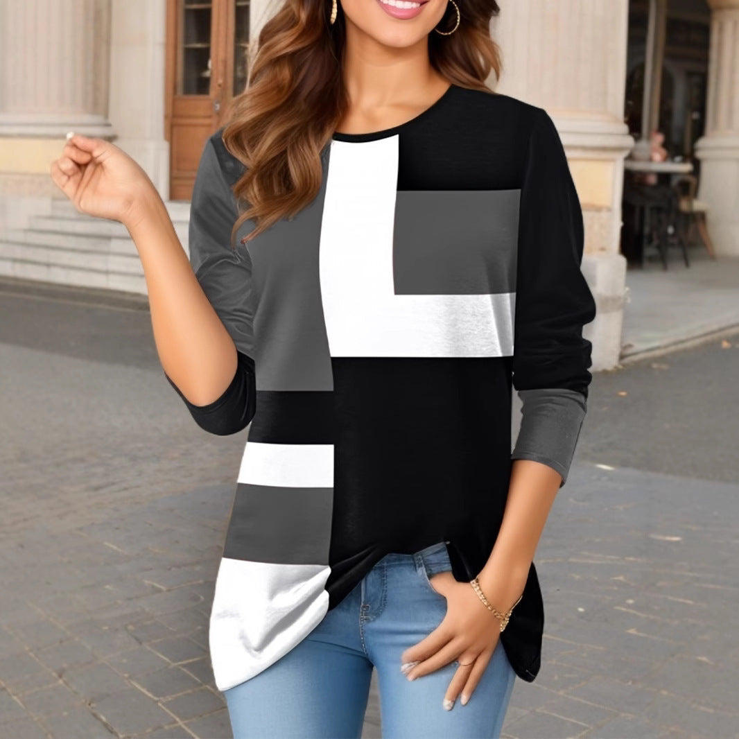 Damen nan geometrisches Colorblock Longsleeve-Tunika-Oberteil mit Rundhalsausschnitt und asymmetrischem Saum R&B
